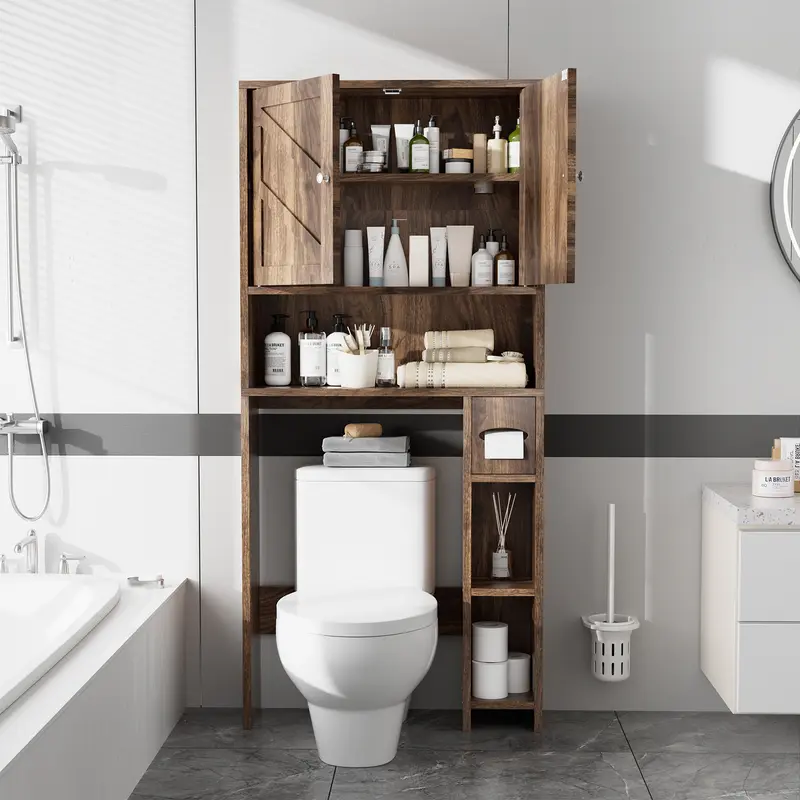 Armario de almacenamiento para colocar sobre el inodoro, estilo granja con 2 puertas tipo granero y soporte para papel higiénico, estantería para baño y organizador de muebles para lavandería.