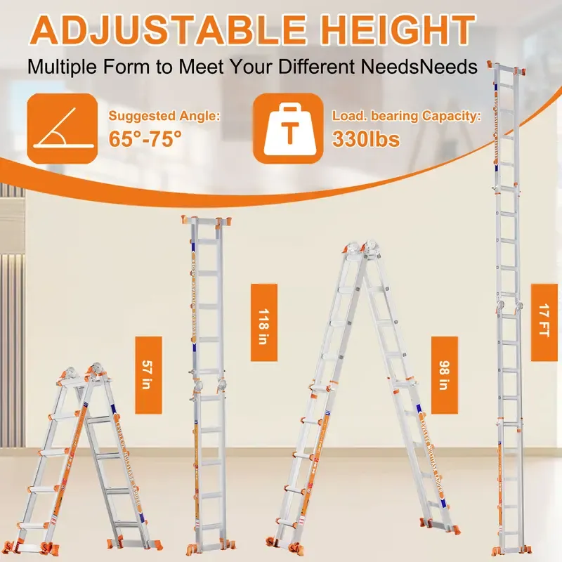 Escalera extensible multiposición, escalera de tijera tipo A con barra estabilizadora y ruedas; capacidad de carga segura de 330 lb; segura para escaleras, el hogar, interiores, exteriores y trabajos en techos.