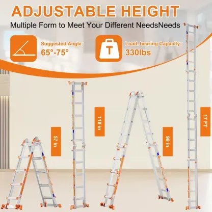 Escalera extensible multiposición, escalera de tijera tipo A con barra estabilizadora y ruedas; capacidad de carga segura de 330 lb; segura para escaleras, el hogar, interiores, exteriores y trabajos en techos.
