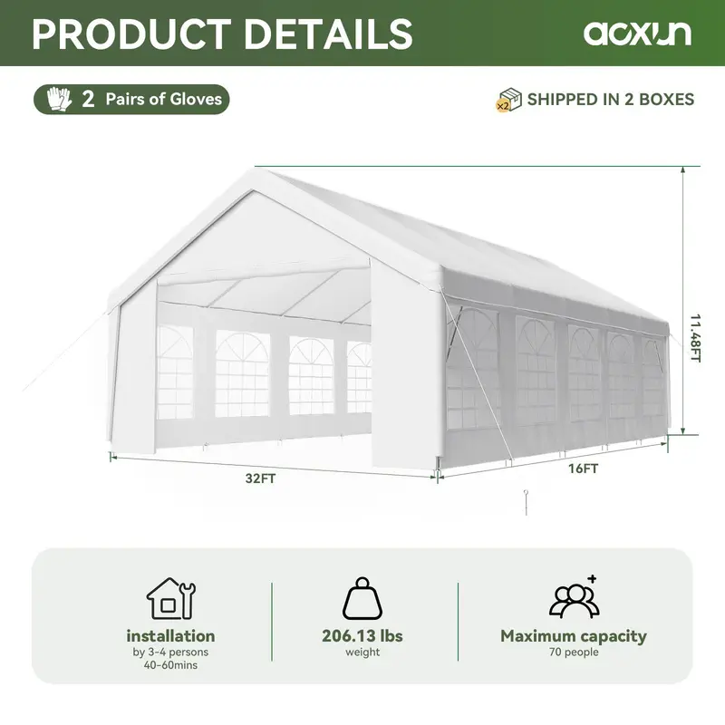 Carpa Grande para Exterior con Estructura de Acero, 32x16 FT/40x20 FT, Impermeable con Laterales Desmontables y Puerta Enrollable, Ideal para Bodas, Fiestas, BBQ y Camping