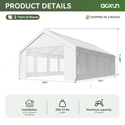 Carpa Grande para Exterior con Estructura de Acero, 32x16 FT/40x20 FT, Impermeable con Laterales Desmontables y Puerta Enrollable, Ideal para Bodas, Fiestas, BBQ y Camping