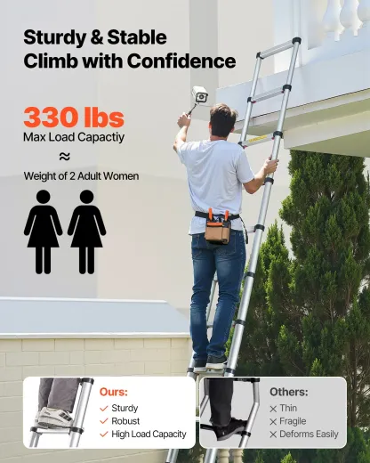 Escalera telescópica de 12.5 pies — De aluminio, ligera, multiusos y plegable — Retracción con un solo toque — Alta resistencia (capacidad máx. de 330 lb) con pies antideslizantes — Ideal para el hogar, trabajos al aire libre y acceso a desvanes.