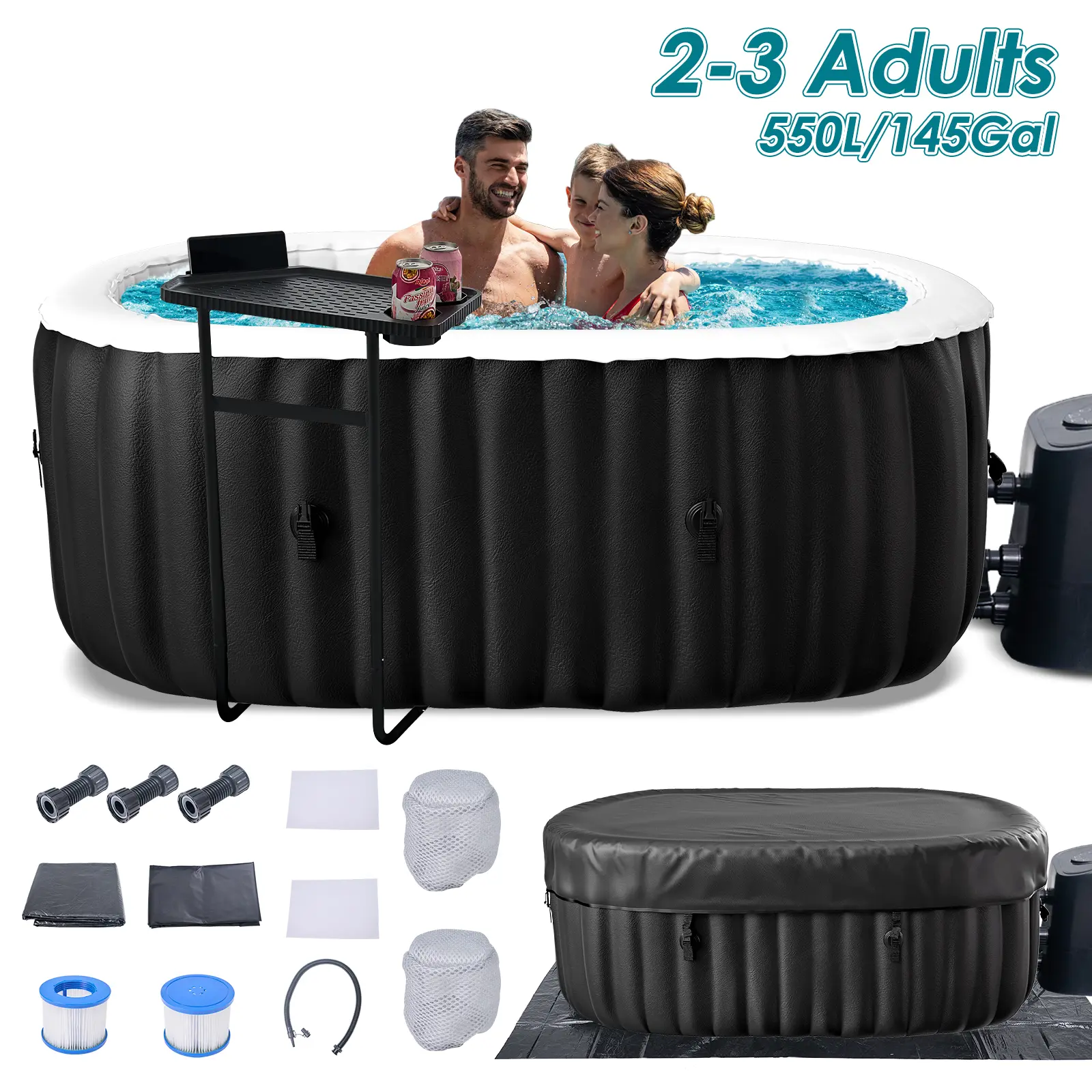 Spa Inflable Exterior para 4-6 Personas, Jacuzzi Portátil con 130 Chorros de Burbujas, Bomba de Calor y Filtro, Ideal para Patio y Jardín
