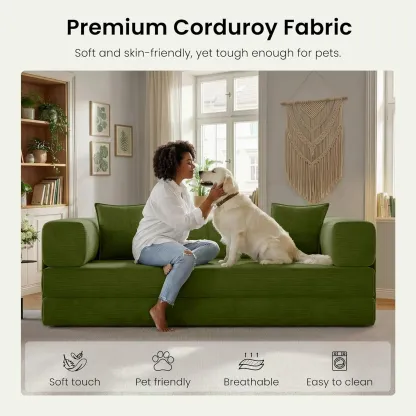 Sofá cama futón convertible de pana de 78,8 pulgadas; sofá sin estructura rígida que no requiere montaje, con bolsillo de almacenamiento para sala de estar; color verde; ideal para dormitorios y decoración del hogar.
