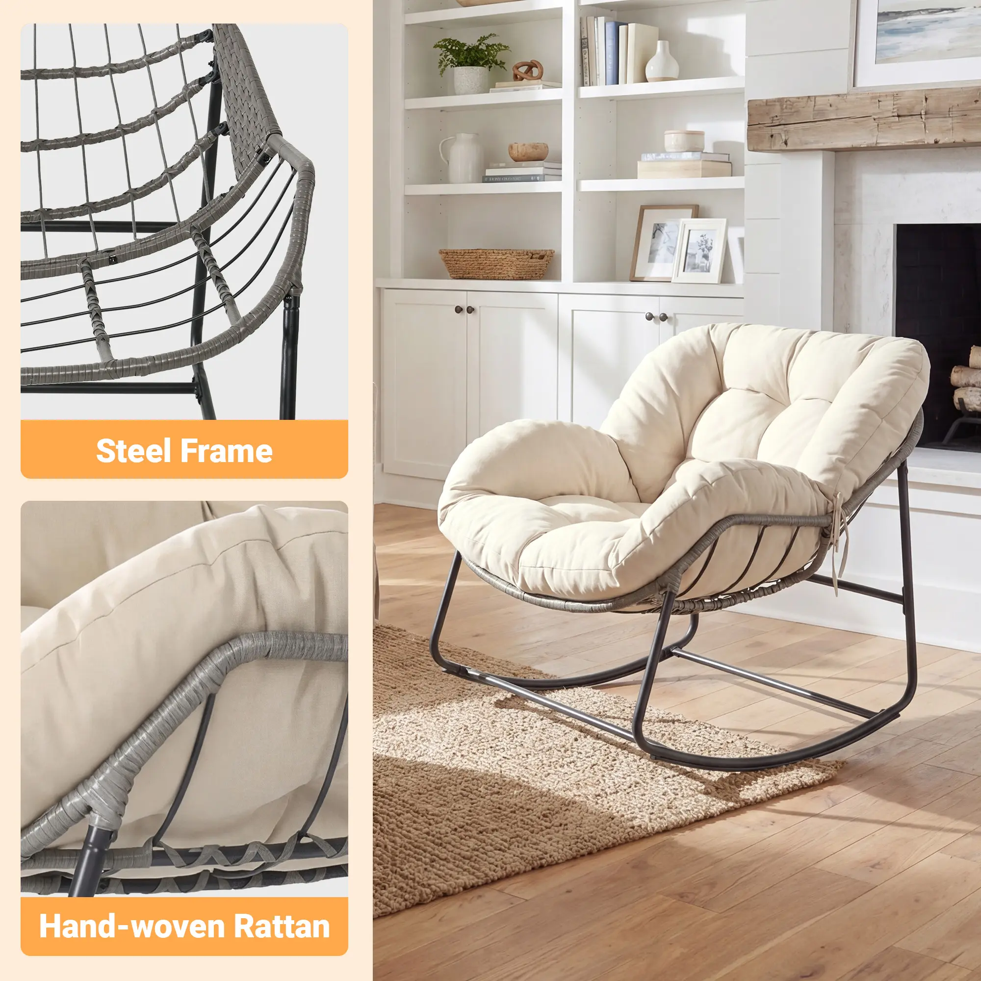 Silla Mecedora Tipo Huevo Extra Grande con Respaldo Ajustable, Cojín Grueso, Soporta hasta 450 lb, Ideal para Patio, Balcón, Jardín y Sala de Estar