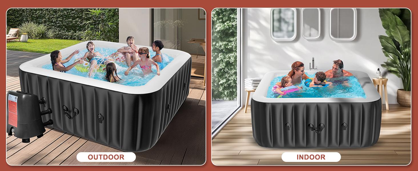 ABORON Inflatable Hot Tub, 73"X73"X25" Portable Blow Up Hot Tub for 4-6 Person, Square Outdoor Spa with 130 Bubble Jets and Heater Pump, Filter Durable inflatable pool