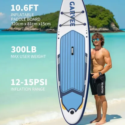 Tabla de paddle surf inflable extra ancha - 10'6" x 32" x 6" - Superficie estable y antideslizante - Capacidad de 450 libras - Accesorios de lujo: mochila, remo, bomba de aire y soporte para cámara - Ideal para yoga, pesca, surf y principiantes