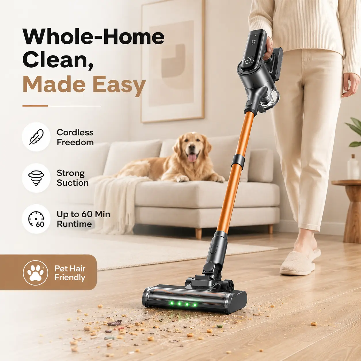 Aspiradora Escoba Inalámbrica 6 en 1, Recargable con Alta Potencia de Succión, 50 Minutos de Uso, Sistema Antienredos, Diseño Ligero y Autoposicionable, Ideal para Pisos, Alfombras y Pelo de Mascotas