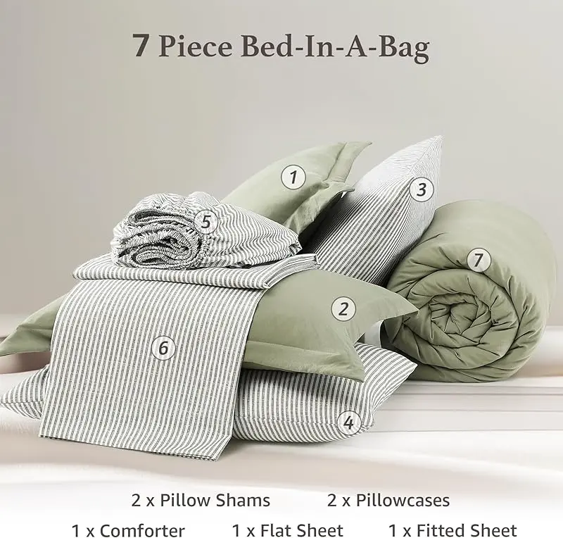Juego de Cama de Microfibra de 7 Piezas, Edredón con Bolsillos de Doble Cara, Incluye Edredón, Sábana Plana, Sábana Ajustable y Fundas de Almohada, Estilo Moderno