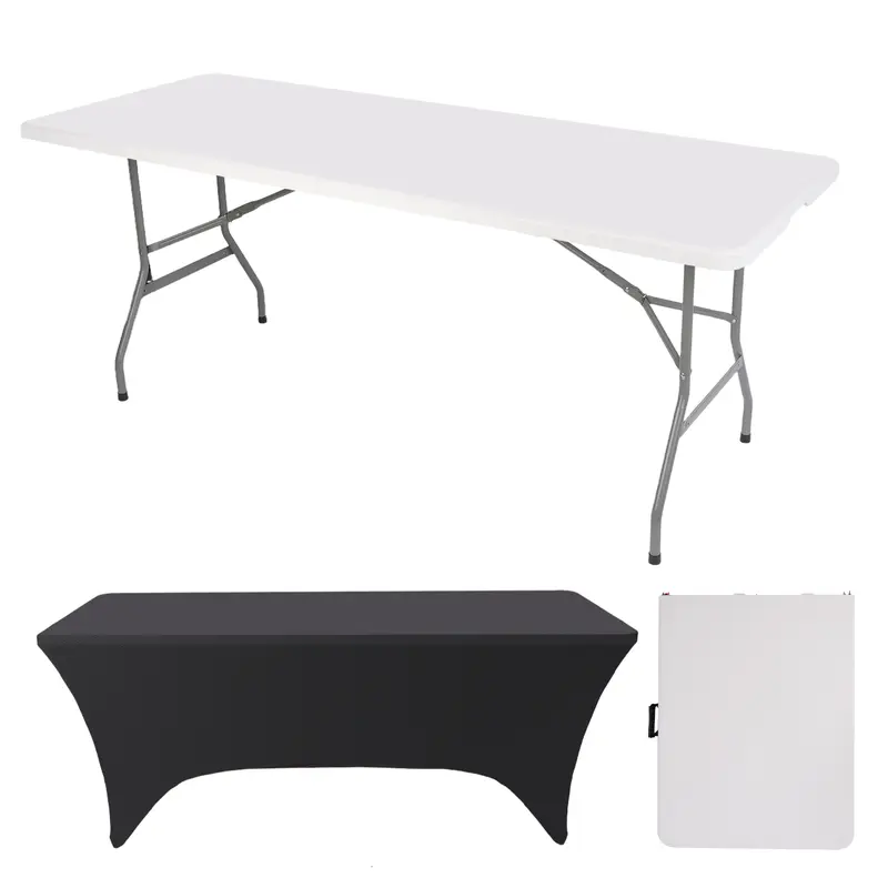 Mesa Plegable de 6 Pies (Set de Mesa Plegable de 6 pies y Mantel: ZB-6FT), con Asa de Transporte Integrada y Patas de Acero Aleado; Portátil y de Uso Rudo para Fiestas, Comedor, Bodas, Eventos, Picnics, Interiores, Exteriores, Camping y Uso General — Bla
