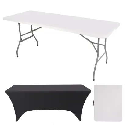 Mesa Plegable de 6 Pies (Set de Mesa Plegable de 6 pies y Mantel: ZB-6FT), con Asa de Transporte Integrada y Patas de Acero Aleado; Portátil y de Uso Rudo para Fiestas, Comedor, Bodas, Eventos, Picnics, Interiores, Exteriores, Camping y Uso General — Bla