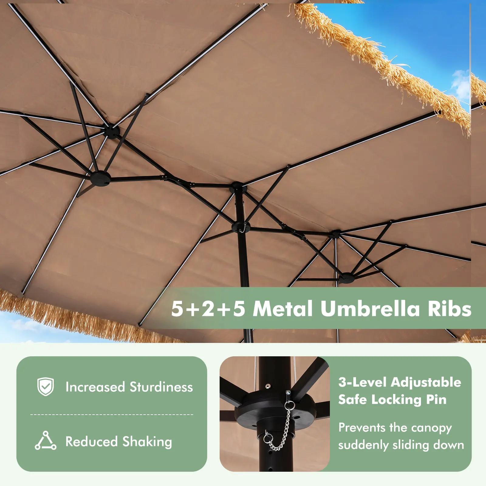 Sombrilla Tiki Solar de 15 FT para Exterior con Base, Estilo Hawaiano con 144 Luces LED Multicolor, 12 Modos, Manivela Ajustable y Diseño de Césped PE para Patio, Jardín y Piscina