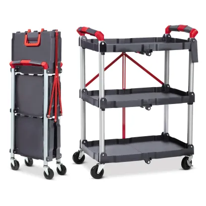 Carrito multiusos plegable de 3 niveles para el hogar y la oficina: capacidad de 150 libras, ruedas giratorias de 360° con freno, listo para usar, organizador con ruedas versátil.
