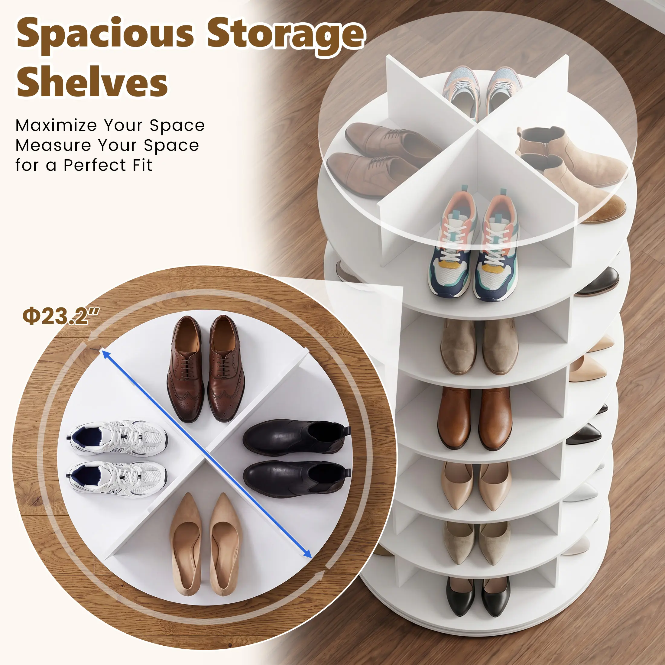 Torre zapatera giratoria con sistema tipo "Lazy Susan", expositor de zapatos y bolsos con rotación de 360 ​​grados, carrusel vertical para organización de armarios.