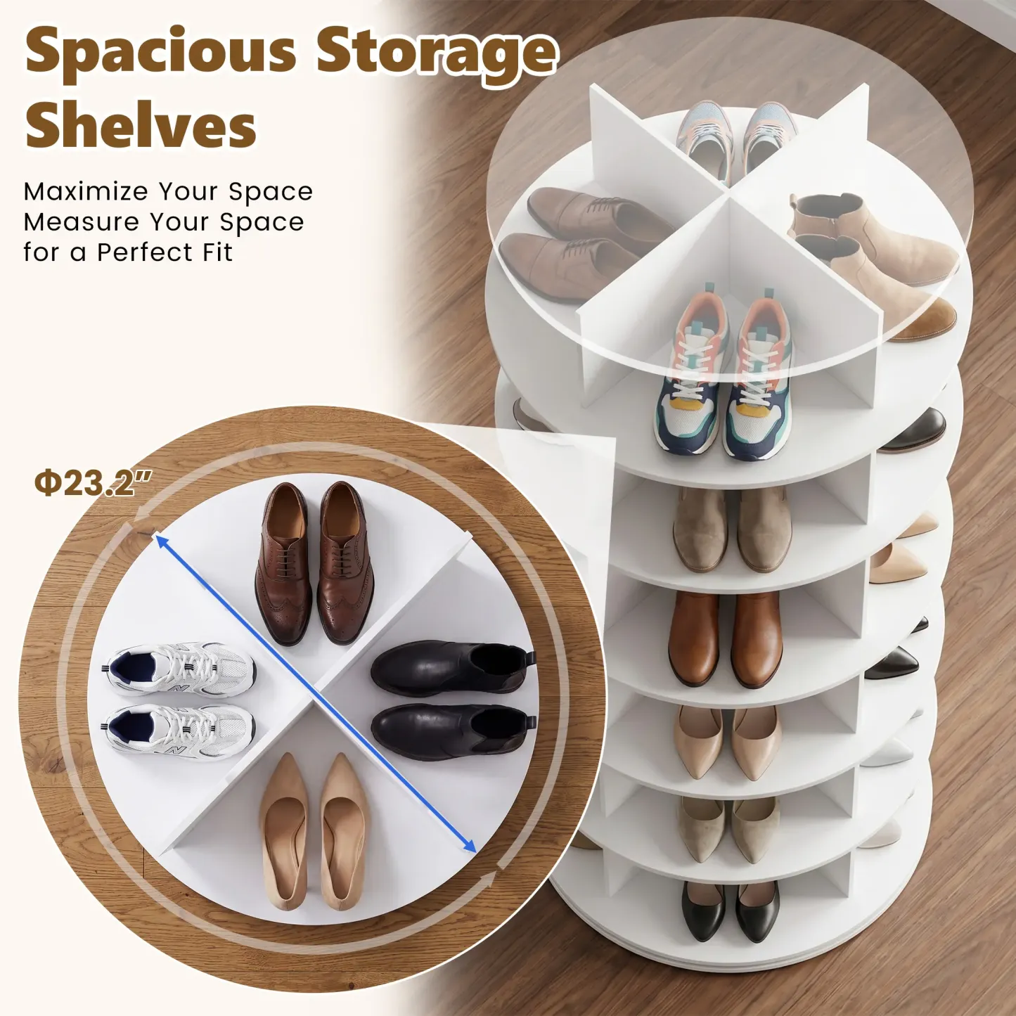 Torre zapatera giratoria con sistema tipo "Lazy Susan", expositor de zapatos y bolsos con rotación de 360 ​​grados, carrusel vertical para organización de armarios.