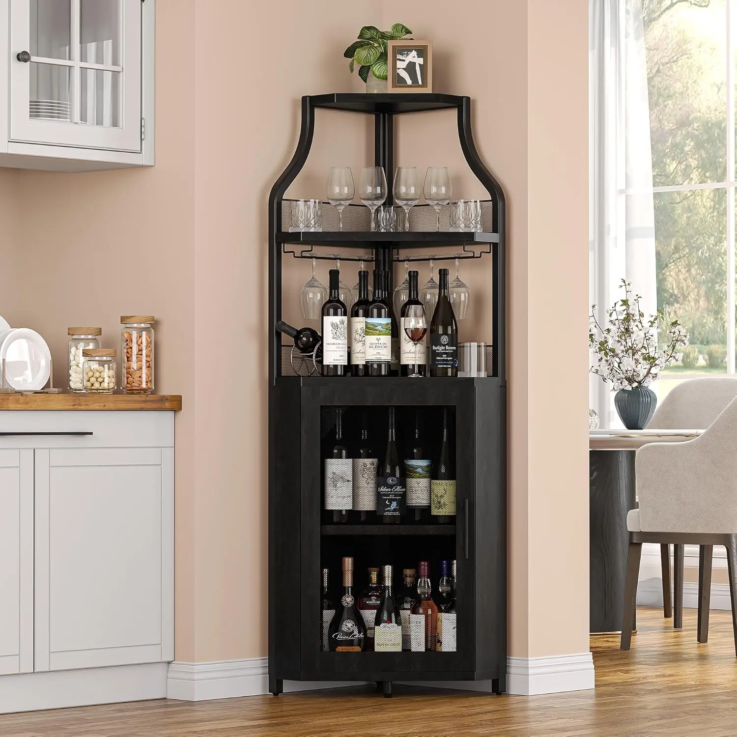 Mueble esquinero para vinos con estante extraíble y puerta estilo granero de 5 niveles