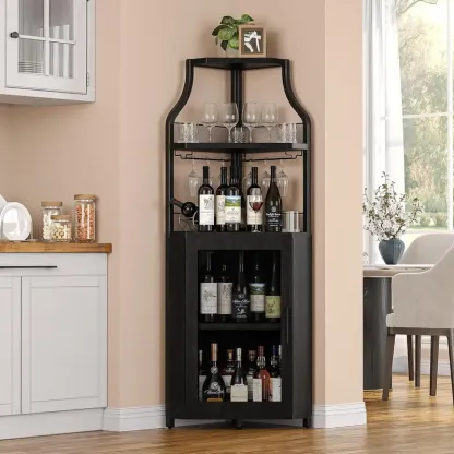 Mueble esquinero para vinos con estante extraíble y puerta estilo granero de 5 niveles