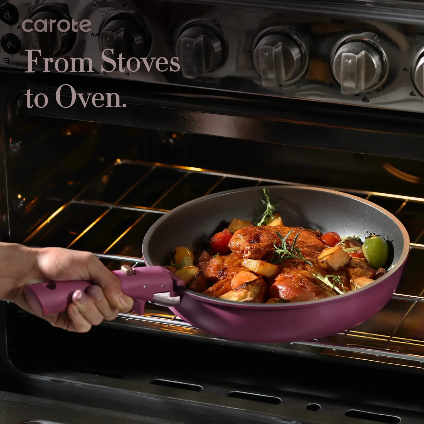 Juego de utensilios de cocina antiadherentes de 21 piezas con mangos desmontables, compatible con inducción, apto para lavavajillas, ideal para autocaravanas, en elegantes tonos dorado y morado.