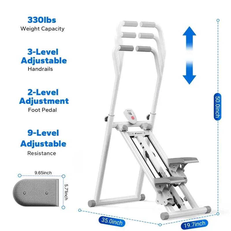 Máquina de ejercicio tipo escalador vertical compacto con pedales ajustables; ideal para gimnasio en casa y actividades recreativas.