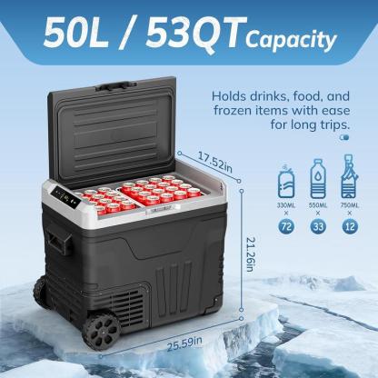 Este refrigerador de 12 V (53 cuartos / 50 L) admite alimentación de 12 V/24 V CC y 110-240 V CA. Portátil y con un rango de temperatura de -4 °F a 68 °F, cuenta con ruedas, dos cestas y una amplia zona de refrigeración. Ideal para vehículos recreativos (