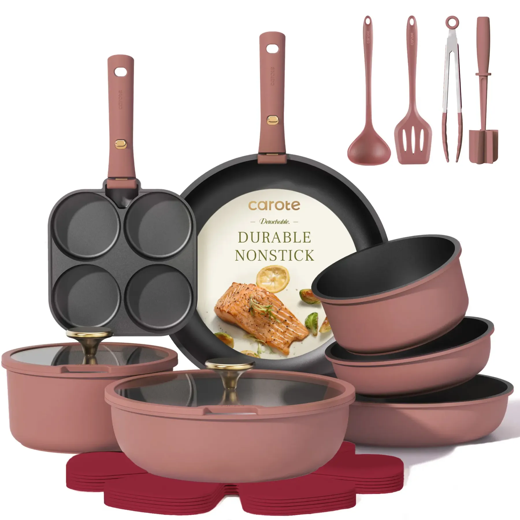 Juego de utensilios de cocina antiadherentes de 21 piezas con mangos desmontables, compatible con inducción, apto para lavavajillas, ideal para autocaravanas, en elegantes tonos dorado y morado.