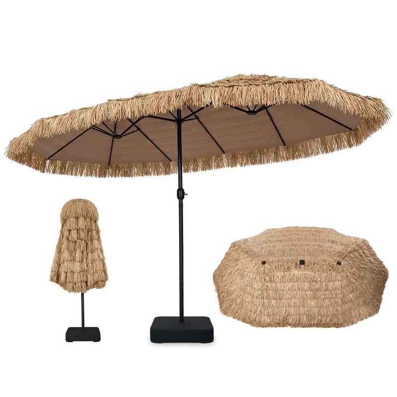 Sombrilla Tiki Solar de 15 FT para Exterior con Base, Estilo Hawaiano con 144 Luces LED Multicolor, 12 Modos, Manivela Ajustable y Diseño de Césped PE para Patio, Jardín y Piscina