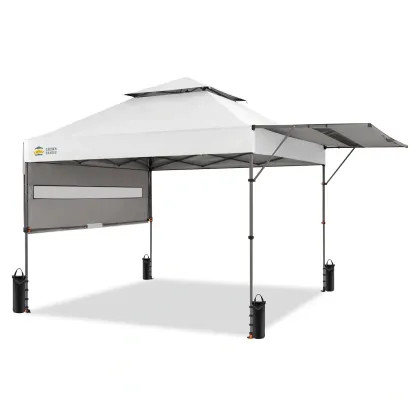 Carpa Plegable Instantánea de 10x10 FT para Exterior, Toldo Comercial con Bloqueo Central, Tela Impermeable 150D con Protección UV, Techo Extensible, Bolsas de Peso, Estacas y Bolsa de Transporte con Ruedas