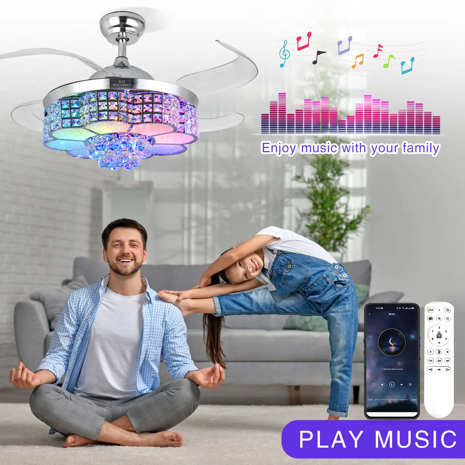 Ventilador de Techo Retráctil de Cristal con Altavoz, Control Remoto y APP, Motor Reversible de 6 Velocidades, Luz RGB Multicolor Ajustable, Luces LED Regulables, Iluminación Colorida, Luz Nocturna con Cambio de Color, Decoración para Habitación y Regalo