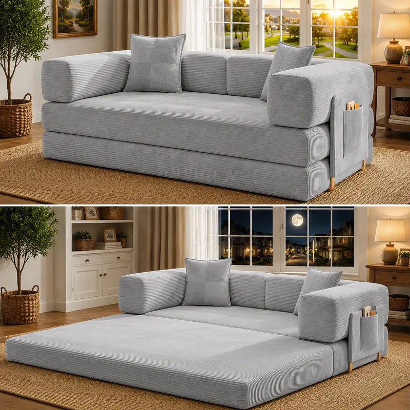Sofá cama futón convertible de pana de 78,8 pulgadas; sofá sin estructura rígida que no requiere montaje, con bolsillo de almacenamiento para sala de estar; color verde; ideal para dormitorios y decoración del hogar.