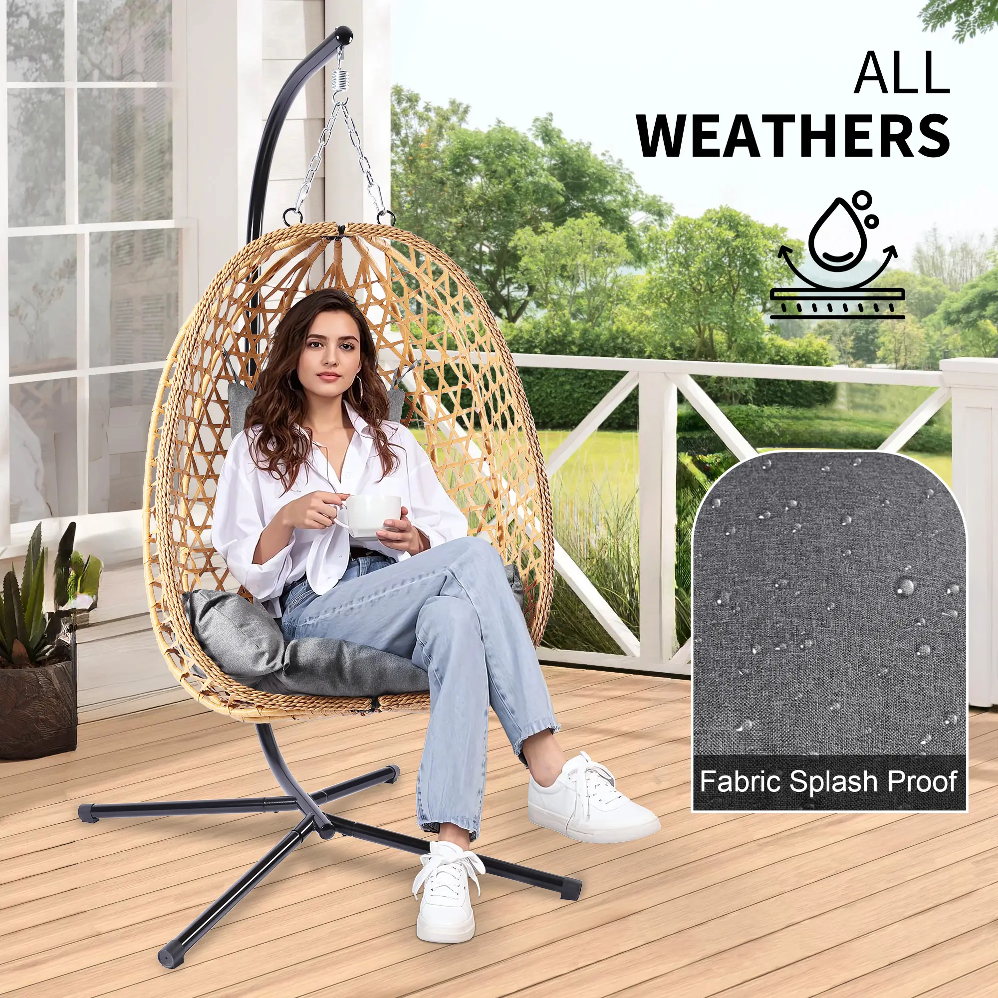 Silla Colgante Tipo Huevo de Ratán para Interior y Exterior, Soporta hasta 350 lb, con Cojín Cómodo para Patio, Jardín y Balcón