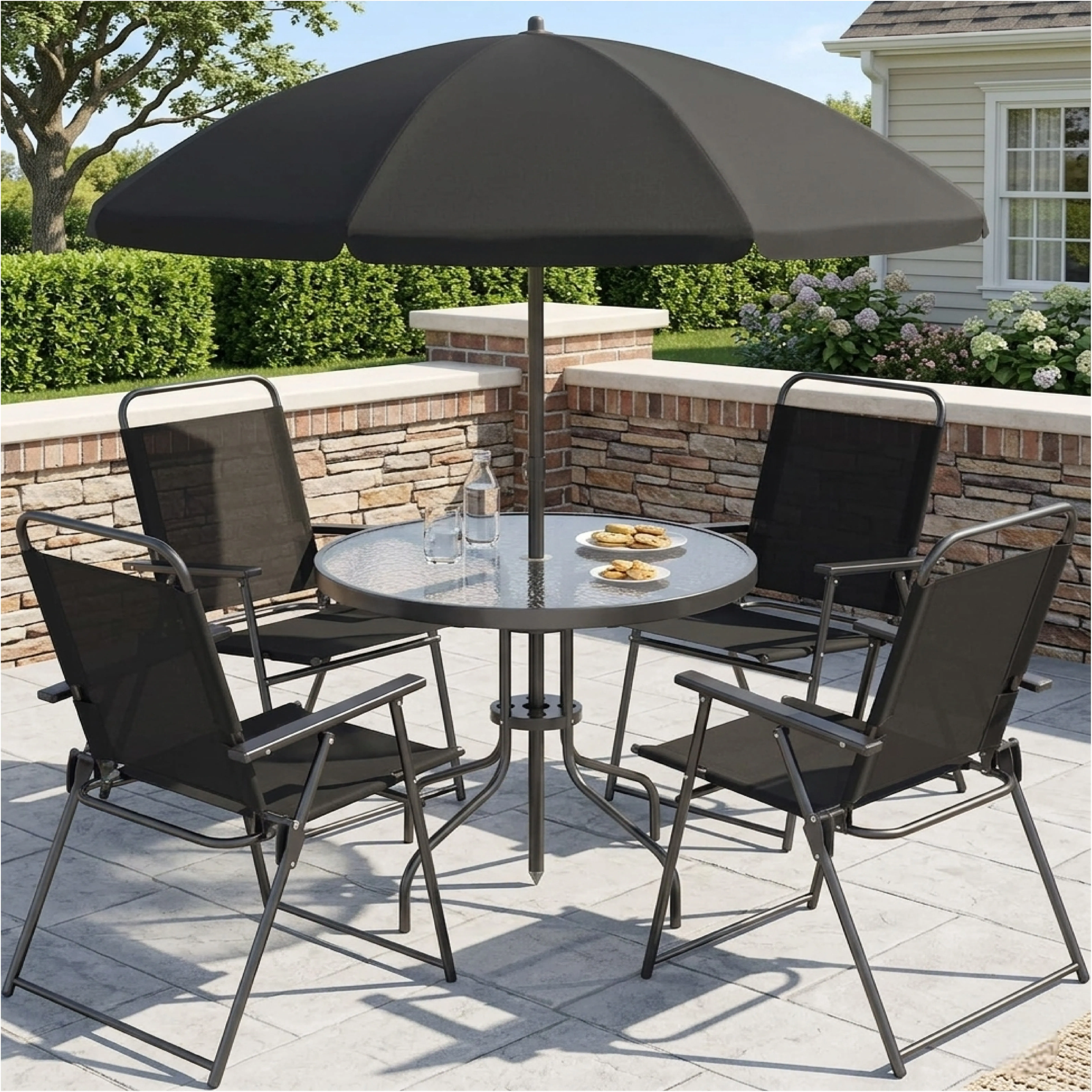 Juego de comedor para patio de 6 piezas para 4 personas con sombrilla, mesa y sillas de exterior (incluye 4 sillas plegables y mesa redonda de vidrio) para jardín, patio trasero y zona de piscina.