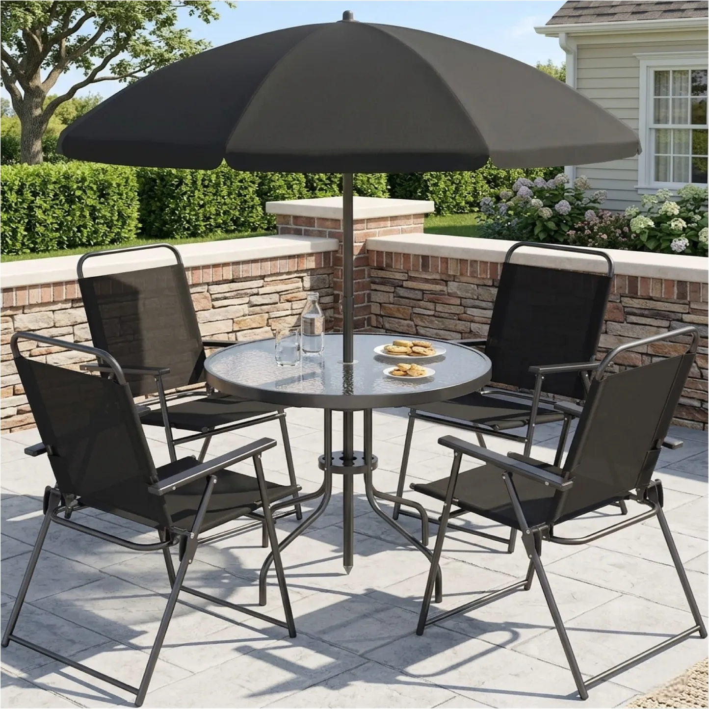 Juego de comedor para patio de 6 piezas para 4 personas con sombrilla, mesa y sillas de exterior (incluye 4 sillas plegables y mesa redonda de vidrio) para jardín, patio trasero y zona de piscina.