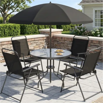 Juego de comedor para patio de 6 piezas para 4 personas con sombrilla, mesa y sillas de exterior (incluye 4 sillas plegables y mesa redonda de vidrio) para jardín, patio trasero y zona de piscina.