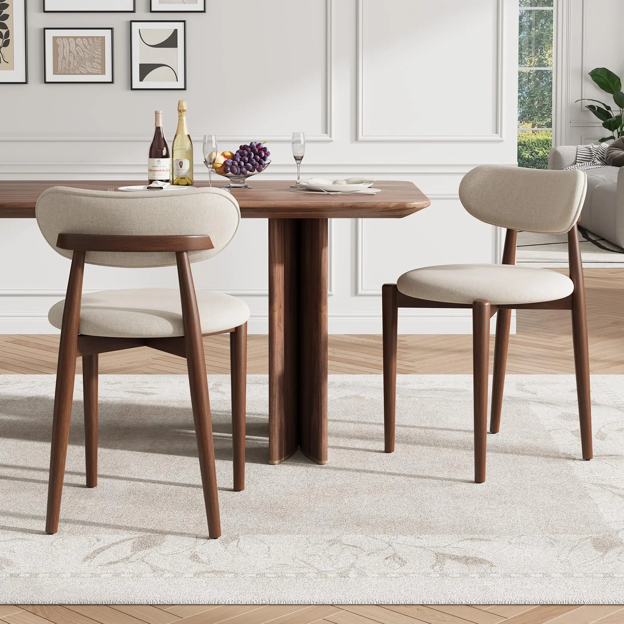 Juego de 2 sillas de comedor modernas de madera – Asientos tapizados en color blanco crema – Patas de madera resistentes – Estilo rústico (farmhouse) para comedor o tocador – Acabado clásico en blanco crema y nogal