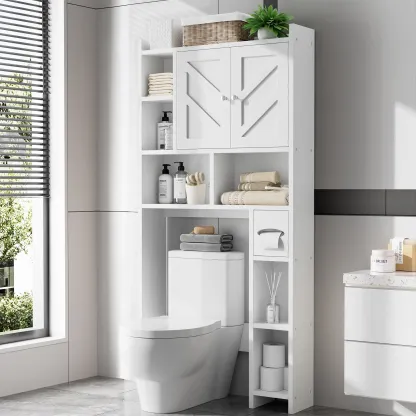 Armario de almacenamiento para colocar sobre el inodoro, estilo granja con 2 puertas tipo granero y soporte para papel higiénico, estantería para baño y organizador de muebles para lavandería.