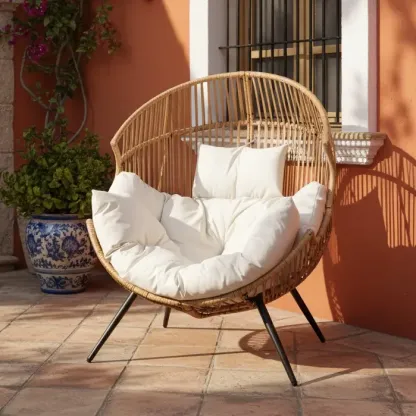 Sillón mecedora de mimbre para interiores y exteriores; silla tipo huevo de gran tamaño con cojín y capacidad de carga de 450 libras; ideal para dormitorio, balcón o jardín.