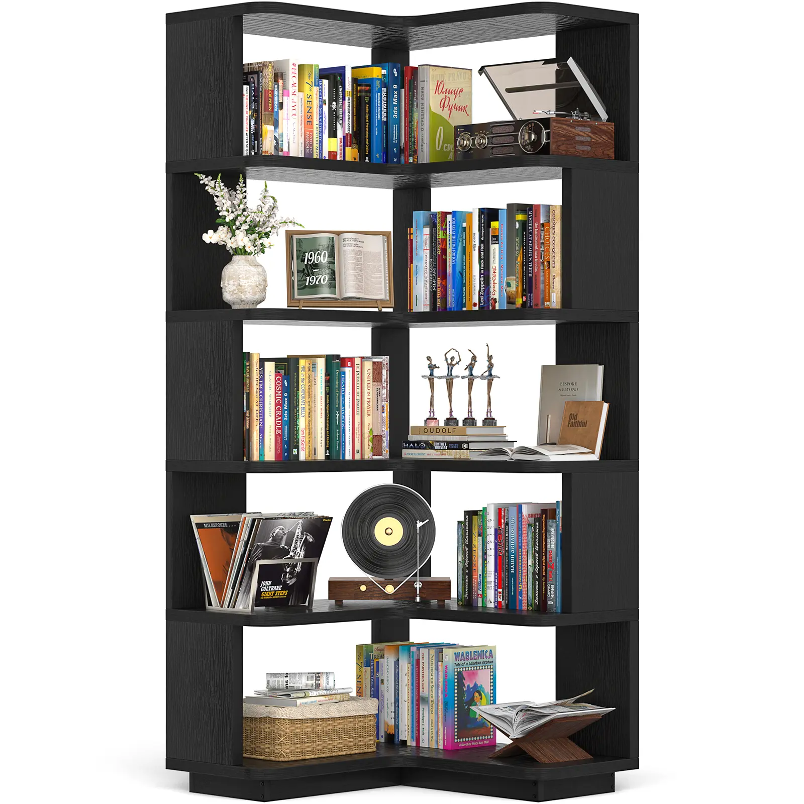 Estantería esquinera de madera, librería independiente en forma de L con panel divisorio, mueble expositor robusto con estantes para oficina en casa, sala de estar y dormitorio.