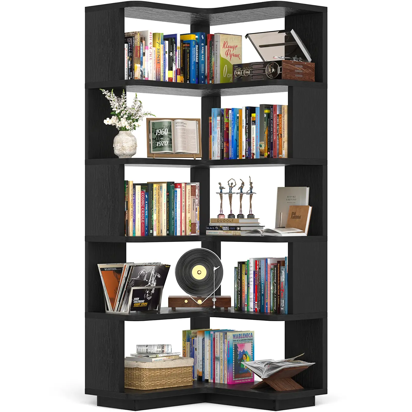 Estantería esquinera de madera, librería independiente en forma de L con panel divisorio, mueble expositor robusto con estantes para oficina en casa, sala de estar y dormitorio.