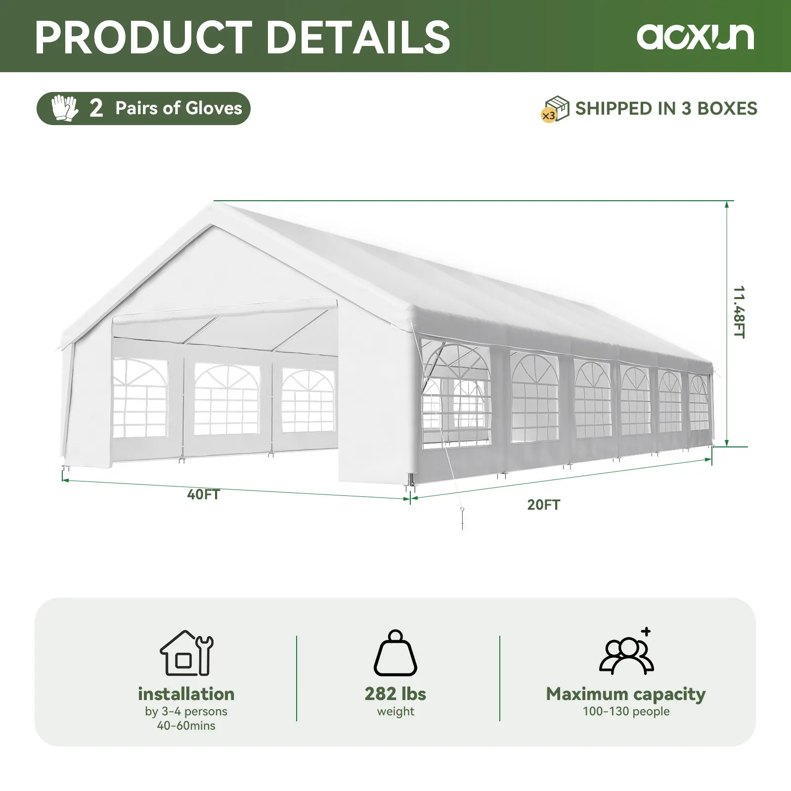 Carpa Grande para Exterior con Estructura de Acero, 32x16 FT/40x20 FT, Impermeable con Laterales Desmontables y Puerta Enrollable, Ideal para Bodas, Fiestas, BBQ y Camping
