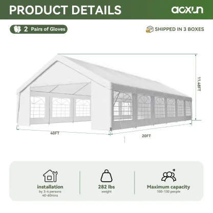 Carpa Grande para Exterior con Estructura de Acero, 32x16 FT/40x20 FT, Impermeable con Laterales Desmontables y Puerta Enrollable, Ideal para Bodas, Fiestas, BBQ y Camping