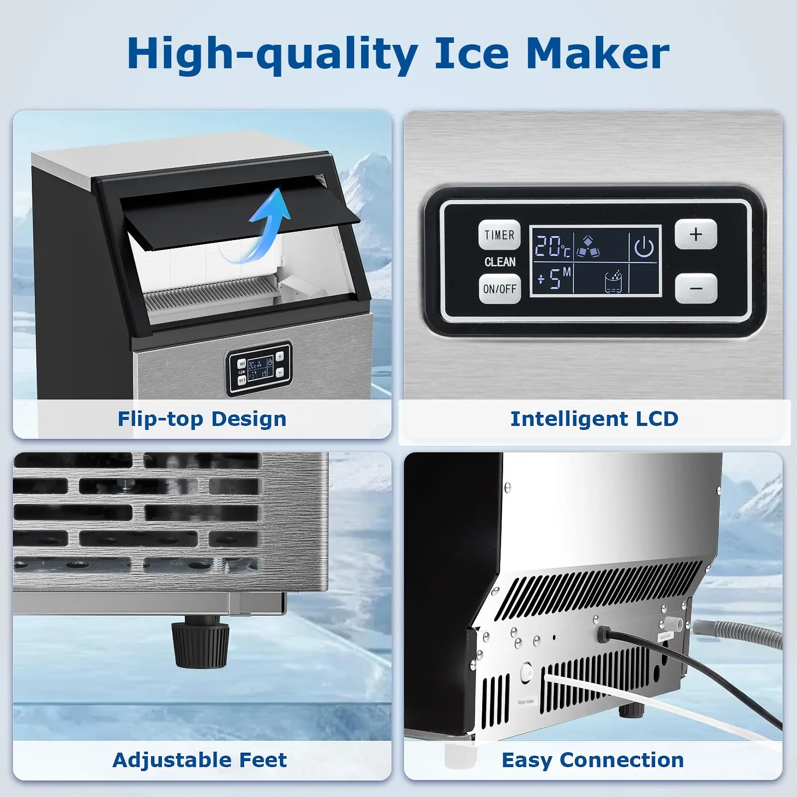 Máquina de hielo comercial Kismile — Modelo 2026 mejorado — Producción de 66, 80 o 100 libras en 24 horas — Fabricadora de hielo de acero inoxidable con capacidad de almacenamiento de 33 libras — Modelo independiente con función de autolimpieza, ideal par