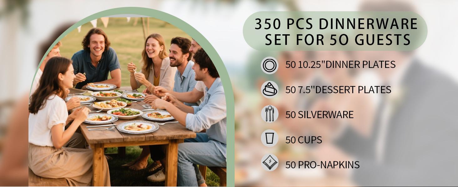 Dinnerware Sets, Gold Plastic Plates ,Include: Dinner Plates,  Dessert Plate,  Gold Plastic Silverware, Cups for Party, Disposable Dinnerware, Leak-Proof,sohochic