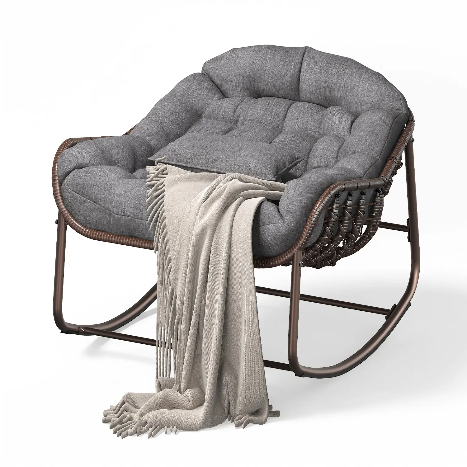 Silla Mecedora Tipo Huevo Papasan XL para Exterior, de Ratán Sintético, con Cojín Grueso Impermeable, Estructura Metálica Reforzada, Ideal para Balcón, Patio, Porche y Sala, Soporta hasta 450 lb