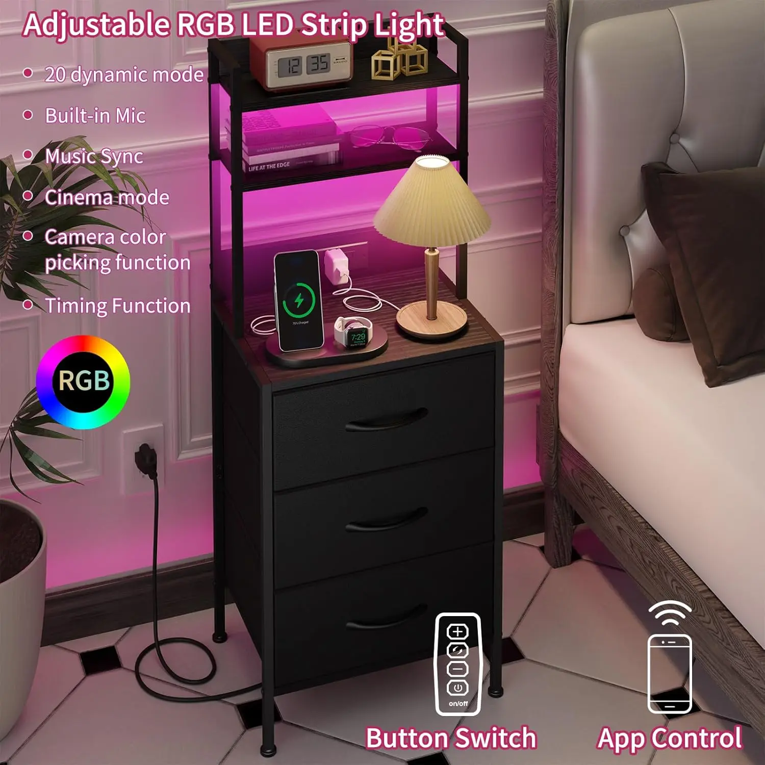 Mesita de Noche de 41" con Estación de Carga, Puertos USB y Enchufe, 3 Cajones de Tela, Diseño Multifuncional 3 en 1, Color Negro