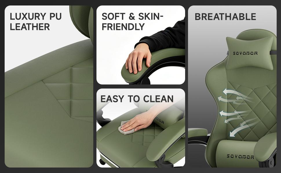 Solid-Color Minimalist Gaming Chair with Footrest | Ergonomic Reclining Office Chair. Breathable durable leather, spine-supporting, wide padded seat.300 lbs capacity. Ideal for home office, gaming and live streaming.    silent caster