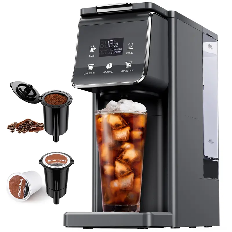 Cafetera Individual para Café Caliente y Frío, Compatible con K-Cup y Café Molido, Filtro Reutilizable, Café Intenso, Compacta y de Preparación Rápida, Negra