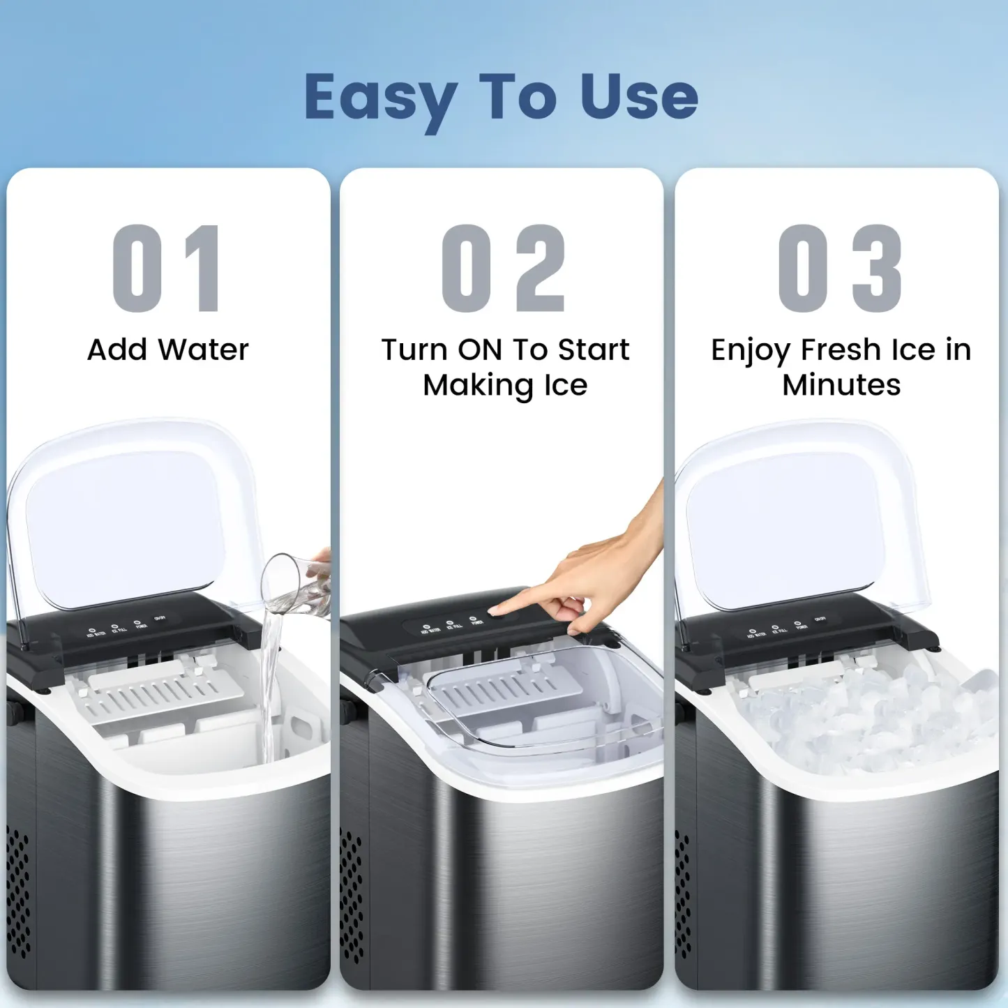 Máquina de Hielo Portátil para Encimera, Autolimpieza, Produce 26,5 lb de Hielo en 24 Horas, 9 Cubos en 6 Minutos, Disponible en Acero Inoxidable o ABS, Ideal para Hogar, Oficina y Fiestas