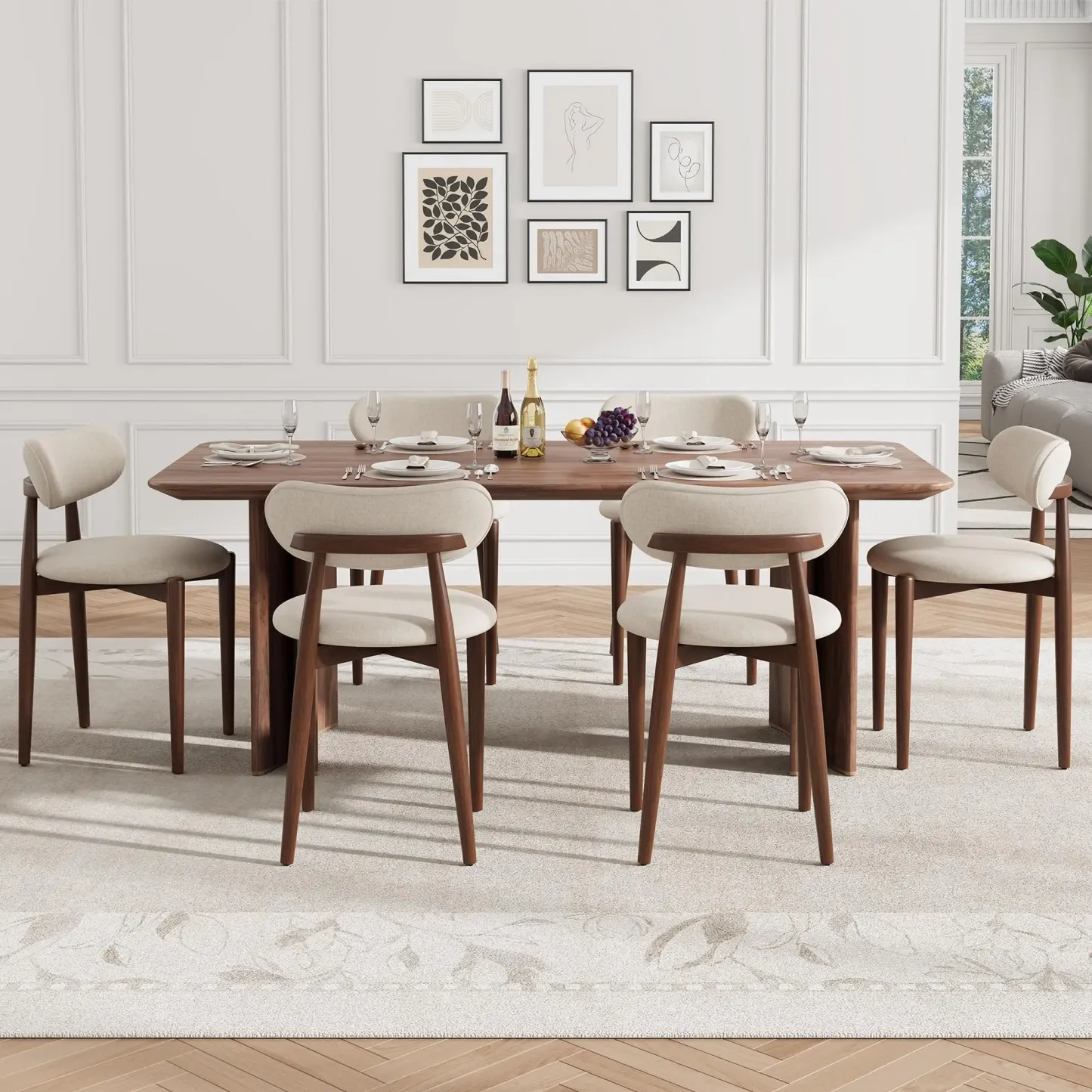Juego de 2 sillas de comedor modernas de madera – Asientos tapizados en color blanco crema – Patas de madera resistentes – Estilo rústico (farmhouse) para comedor o tocador – Acabado clásico en blanco crema y nogal