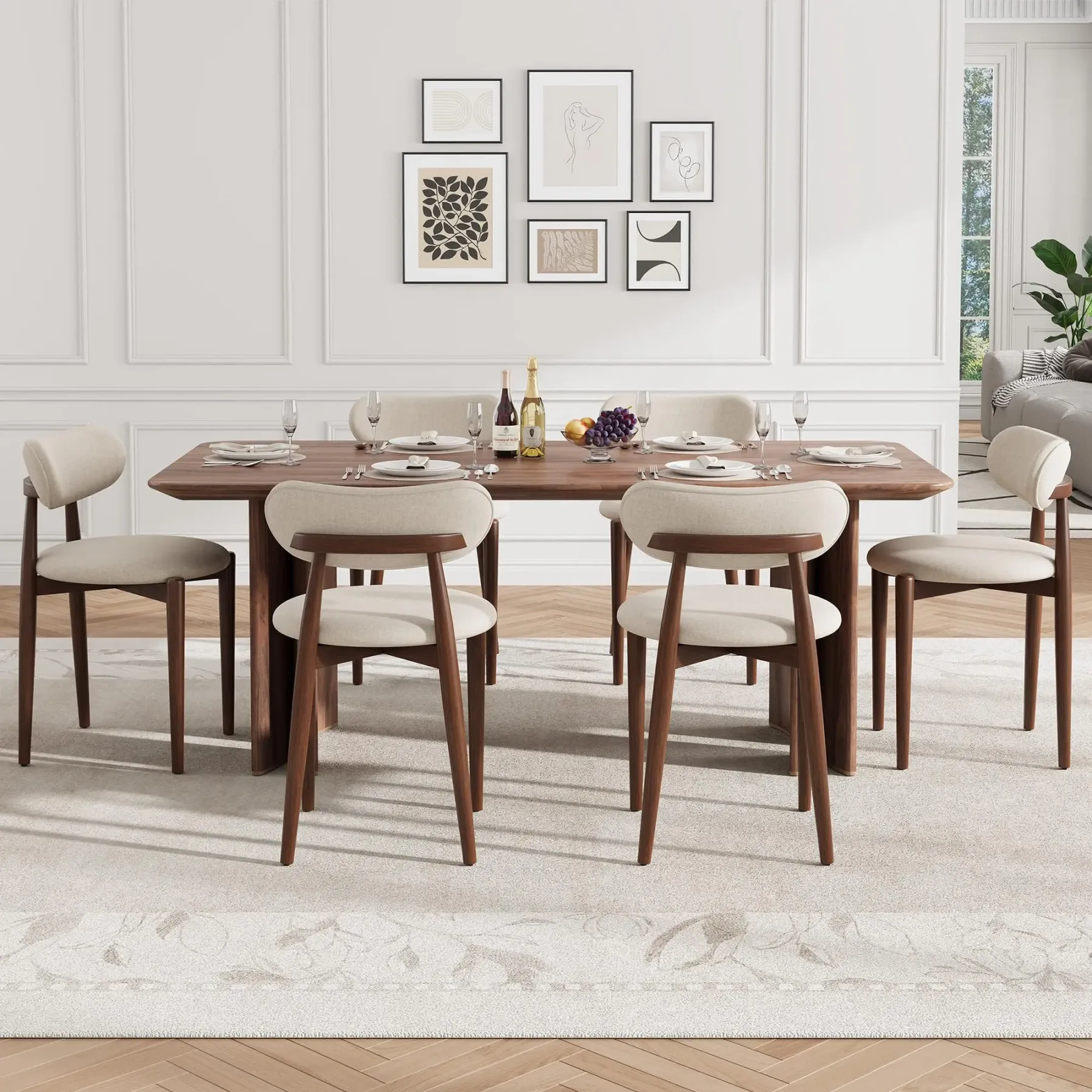 Juego de 2 sillas de comedor modernas de madera – Asientos tapizados en color blanco crema – Patas de madera resistentes – Estilo rústico (farmhouse) para comedor o tocador – Acabado clásico en blanco crema y nogal