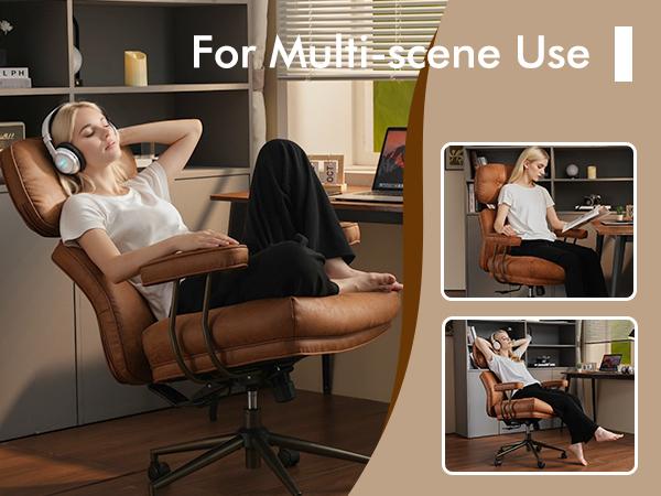 【SohoChic Sale】OVIOS Oversized Home Office Chair with Extra-Wide Seat, Big & Tall High Back Executive Chair, Mid-Century Modern Faux Leather Swivel Rolling Computer Desk Chair with Thick Cushions & Armrests